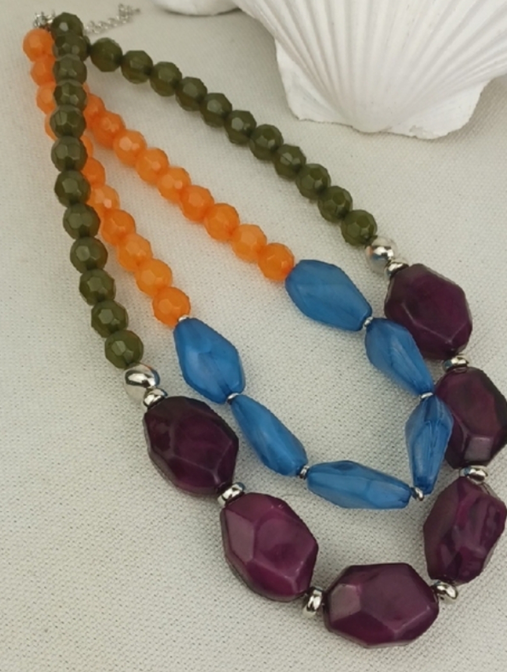 2 Strand Sky Blue, Egg Plant Purple, Tangerine Orange, Moss Green Bead Necklace